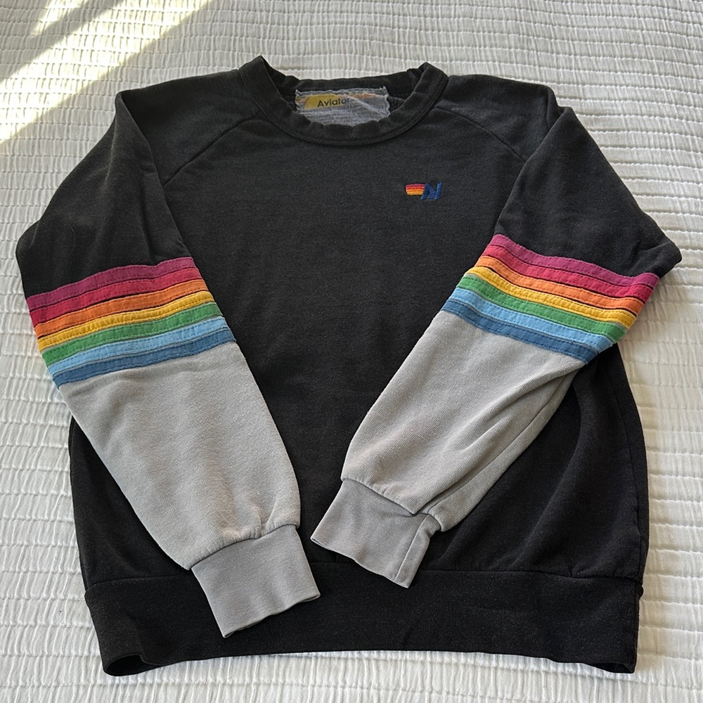 Aviator Nation Black Sweatshirt with Seven Stripe Sleeves, size xs